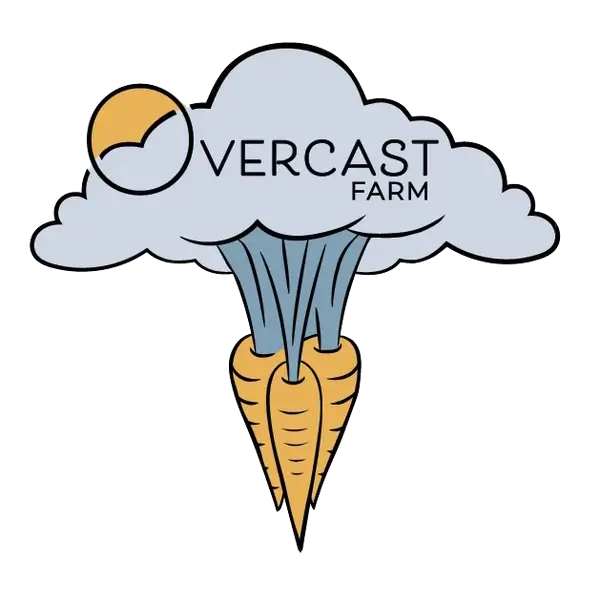 Logo of Overcast Farm with carrots and a cloud on a white background